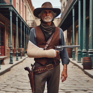 An old west cowboy standing in the middle of the road, in the m...