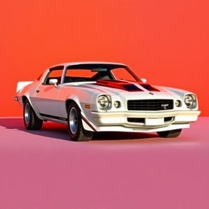 "Visualize a 1974 Camaro with a sleek white paint job accentuate...