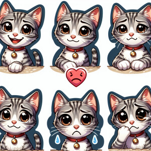 Create a sticker pack for me featuring a cute gray-and-white kit...