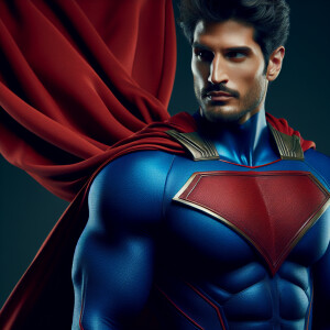 Create an image of a muscular male superhero wearing a blue suit...