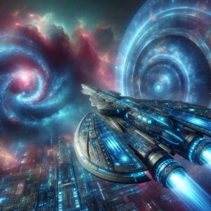 In a mesmerizing digital painting, a brilliantly glowing spacecr...