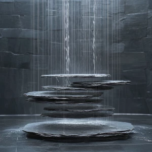Creates an image of a gravity-defying fountain composed of separ...