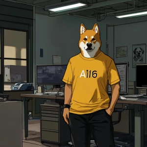 DOGE meme.,stand in office, dressed in a yellow t-shirt and blac...