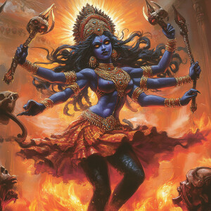 Kali, the fierce Hindu goddess of destruction and rebirth, shown...