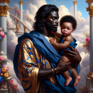 Classical oil painting style depicting an African-American Jesus...