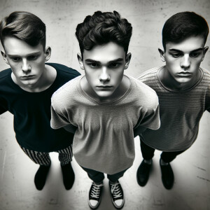 3 male Caucasian teenagers. walk. (((All three  have their hands...