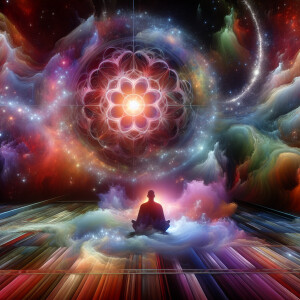 Show me a Sufi meditating in deep space surrounded by abstract c...