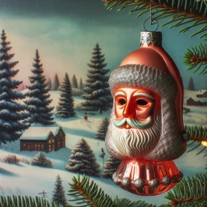 A photo of a 1950s kitsch blown glass Christmas ornament of a  h...