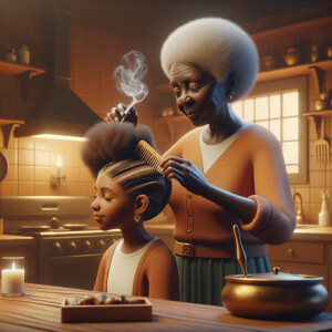 Create a realistic 3-D image of an african-American grandmother in the kitchen with her african-American granddaughter. The grandmother has a hot comb in her hair and she is straightening her granddaughters hair. One side of her granddaughters hair is in  a Afro the other is bone straight 
There is smoke coming from the hot comb