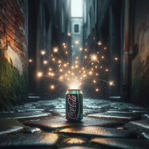 A soda can popped open in the dark alleyway with tiny fireworks...