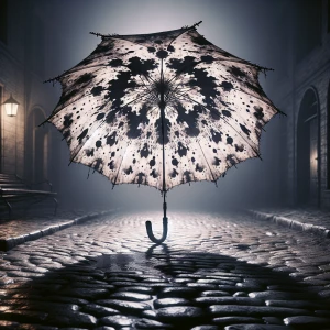 "In the heart of a desolate cobblestone street, an umbrella stan...