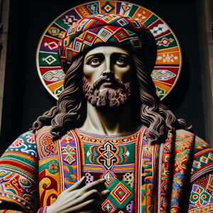 Jesus Christ with ehiopian designs or patterns and multicolored...