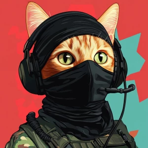 A wide-eyed ginger cat wearing a black tactical balaclava (or ma...