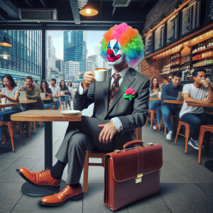 Business Clown's sitting and drinking coffee at a popular coffee...