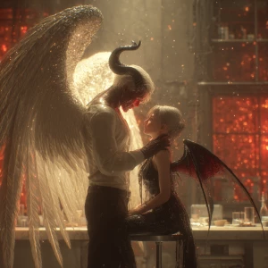 "A glowing male angel with radiant white wings gently lifting a...