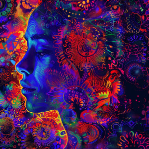 A digital art head on portrait of a woman against a detailed man...