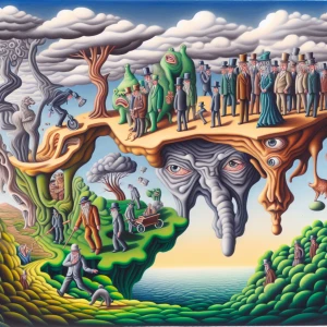 Create an acrylic painting that captures a surreal encounter whe...