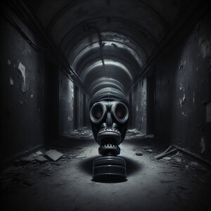 A singular very small gas mask with red eyes all the way down on...