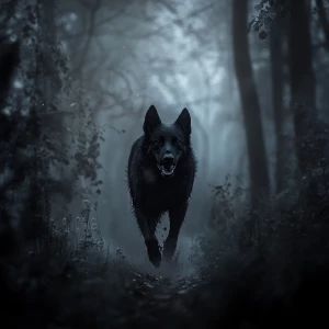 UN PERRO NEGRO SALTANDO POR EL BOSQUE