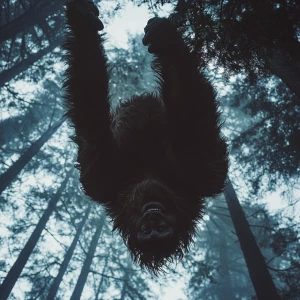 A humanoid looking hair covered sasquatch hanging upside-down hi...