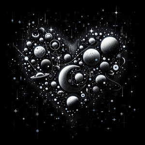 Black background, covered in tiny stars and tiny celestial shape...