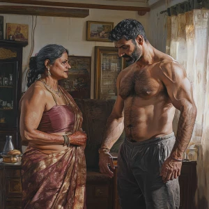 Hyperrealism art style,A muscular sweaty man talking to his 54 y...