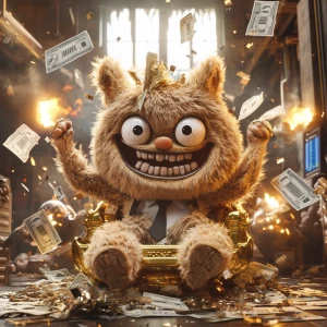 A mischievous-looking designer toy creature with a tall head cov...