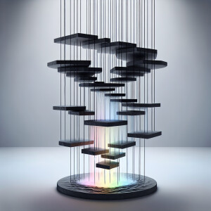 Create an image of a floating waterfall fountain, featuring mult...