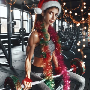 Woman with brown hair in ponytail at Christmas in the gym liftin...