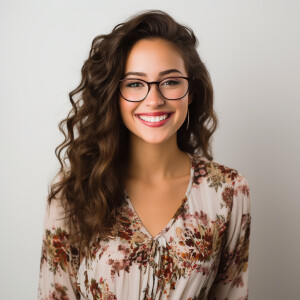 A cute woman

Thin glasses

Californian

Smiling 

Clothes: Flor...