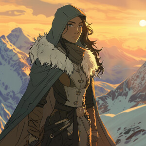 Majestic Mountain Range at Sunrise:
Character: Lyra, the Mountai...