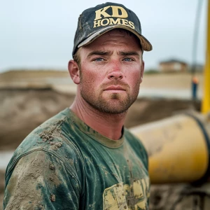 Brian Nobles a real 28 year old Caucasian male who is using  a concrete mixer, he is a  pump operator holding the hose which carries the liquid concrete to the foundation pour, Brian is slowly  beginning his transition into adult maturity , Brian Nobles is beginning to look like a grown man, he has large reflective blue eyes and a wrinkled brow,Brian is now balding , prominent large protruding round fat obese belly,,thick goatee beard, healthy muscle mass ,very noticeable male pattern balding hairline, Brian Nobles now has a  prominent receding and thinning male hairline (onset male pattern baldness), slightly fat overweight(Caucasian)wearing tight body conforming  glossy satin shiny green and gold tight fitting body conforming UnderArmour athletic bodysuit,emblazoned with the "KD HOMES" real estate logo, standing confidently in front of a newly completed constructed new KD HOME in Victorville California in a raw desert landscape. Brian has a protruding fat obese muscular physique, large male bulge, fat obese muscular frame , shows a substantial frame with a noticeable mature hairline and expressive eyes. His workman’s  pose should reflect his experience in his trade.