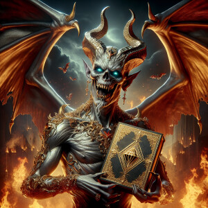 a highly-detailed  macabre demonic devil with vibrant silver ski...