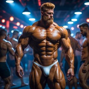 A hyper-realistic depiction of a muscular, mature bodybuilder ma...