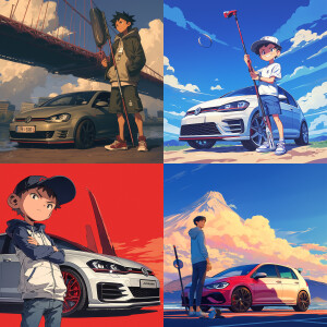 Volkswagen golf gti 6 and cartoon boy In front of him