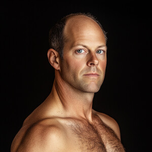 Create a body portrait image of a 40 year old man who’s balding...