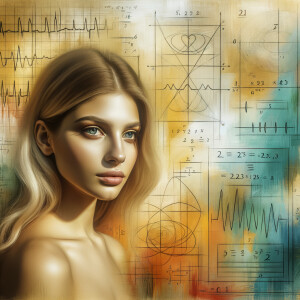 Abstract, minimalist, painting, with pencil line, paint stroke, gestures, colorful marks, mathematical equations, electrical cardiogram, printouts complex math formulas, dna asian teen girl