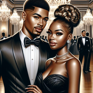 A light skin African American couple at a fancy ballroom event....