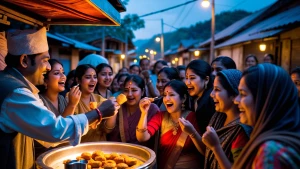 "A vibrant village scene at dusk, with people gathered around Na...