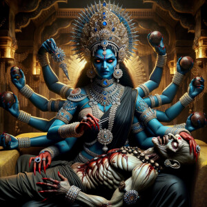 portrait of angry looking, four-armed indian goddess blue skinned sitting on a gold crown and carrying a weak mahishasur on her lap and poking his abdomen with her amazingly long red fingernails . She is wearing diamond armor, a huge diamond crown, black saree, abundant  diamond jewelry, covered in blood. The scene is set in ancient India. The image is 8K resolution, cinematic, photography, ultra detailed face and epic.