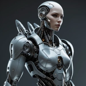 Design a sophisticated cyborg with a sleek, metallic body integr...
