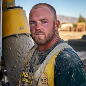 Brian Nobles a real 28 year old Caucasian male who is using  a concrete mixer, he is a  pump operator holding the hose which carries the liquid concrete to the foundation pour, Brian is slowly  beginning his transition into adult maturity , Brian Nobles is beginning to look like a grown man, he has large reflective blue eyes and a wrinkled brow,Brian is now balding , prominent large protruding round fat obese belly,,thick greying goatee beard, healthy muscle mass ,very noticeable male pattern balding hairline, Brian Nobles now has a  prominent receding and thinning male hairline (onset male pattern baldness), slightly fat overweight(Caucasian)wearing tight body conforming  glossy satin shiny green and gold tight fitting body conforming UnderArmour athletic bodysuit,emblazoned with the "KD HOMES" real estate logo, standing confidently in front of a newly completed constructed new KD HOME in Victorville California in a raw desert landscape. Brian has a protruding fat obese muscular physique, large male bulge, fat obese muscular frame , shows a substantial frame with a noticeable mature hairline and expressive eyes. His workman’s  pose should reflect his experience in his trade.