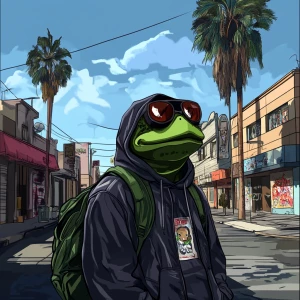 Street with PEPE meme in GTA and carton style.