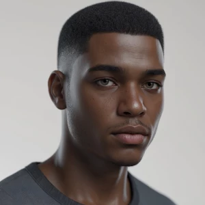 A 22-year-old African American man with dark skin, a clean-shave...