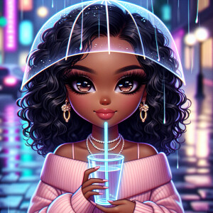 A stylish, 3D illusion chibi-style African American woman with b...