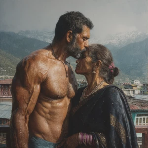 Hyperrealism photo painting. a muscular, sweaty criminal kashmir...
