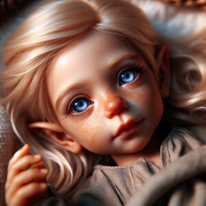 An elven baby with dark brown skin, blue eyes, and blonde hair.