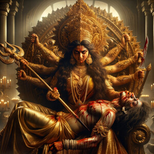 portrait of angry looking goddess durga sitting on a gold crown and carrying a weak mahishasur on her lap and stabbing him with her amazingly designed trident. She is wearing gold armor, a huge gold crown, gold saree, abundant  gold jewelry, covered in blood. The scene is set in ancient India. The image is 8K resolution, cinematic, ultra detailed face and epic.