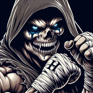 Create an image of a cartoon-style, highly detailed boxer wearin...