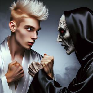 A blonde faux hawk haired young man, with glowing white eyes, we...